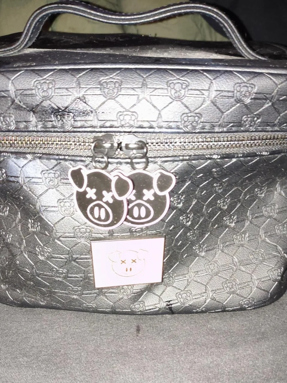 Black Embossed Cosmetic Bag with Pig Charm